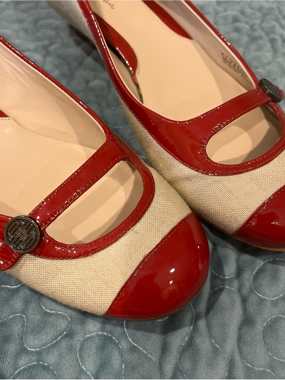 Cole Haan Red and Natural Canvas Mary Jane Flats - Picture 5 of 8